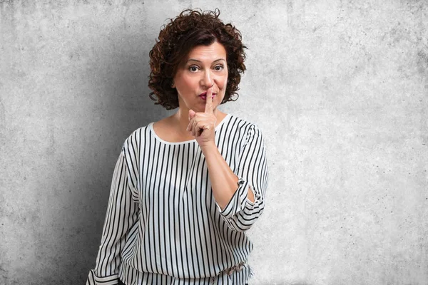 Middle Aged Woman Keeping Secret Asking Silence Serious Face Obedience — Stock Photo, Image