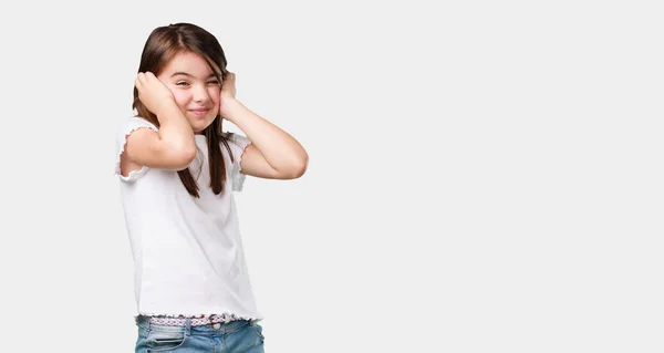 Full Body Little Girl Covering Ears Hands Angry Tired Hearing — Stock Photo, Image