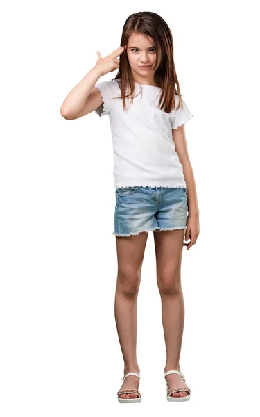 Full Body Little Girl Making Suicide Gesture Feeling Sad Scared — Stock Photo, Image