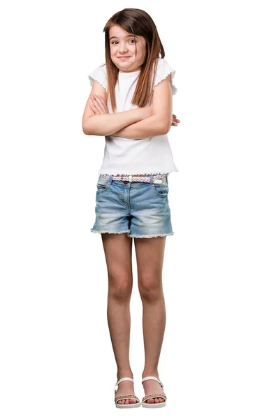 Full Body Little Girl Doubting Shrugging Shoulders Concept Indecision Insecurity — Stock Photo, Image