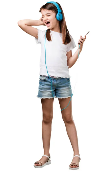 Menina Corpo Inteiro Feliz Divertido Ouvir Música Fones Ouvido Modernos — Fotografia de Stock