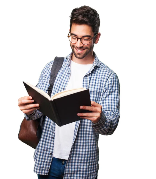 Student Man Leest Een Boek Geïsoleerd Witte Achtergrond — Stockfoto