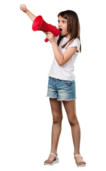 Full Body Little Girl Excited Euphoric Shouting Megaphone Sign Revolution — Stock Photo, Image