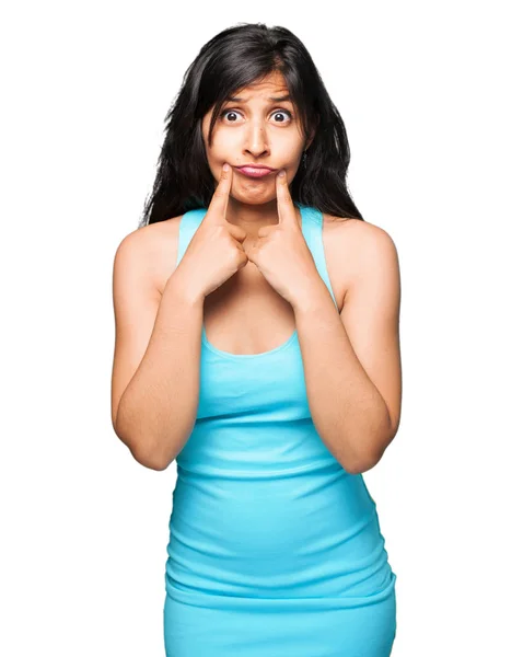 Latin Woman Pointing Her Mouth — Stock Photo, Image