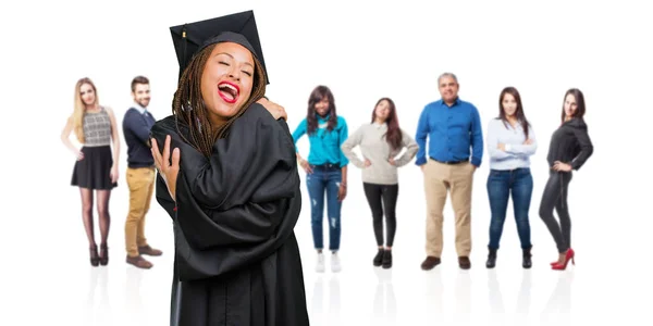 Young Graduated Black Woman Wearing Braids Proud Confident Pointing Fingers — Stock Photo, Image