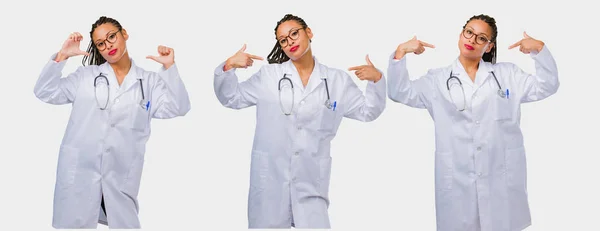 Set Young Black Female Doctor Pointing Fingers Gray Background — Stock Photo, Image