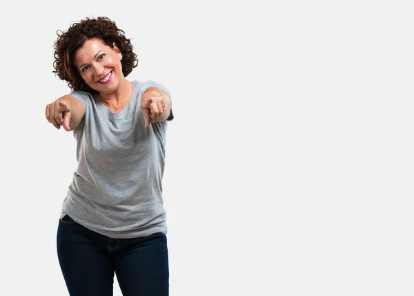 Middle Aged Woman Cheerful Smiling Pointing Front — Stock Photo, Image