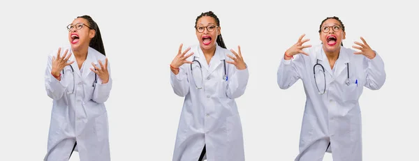 Set Young Black Female Doctor Angry Upset Gray Background — Stock Photo, Image