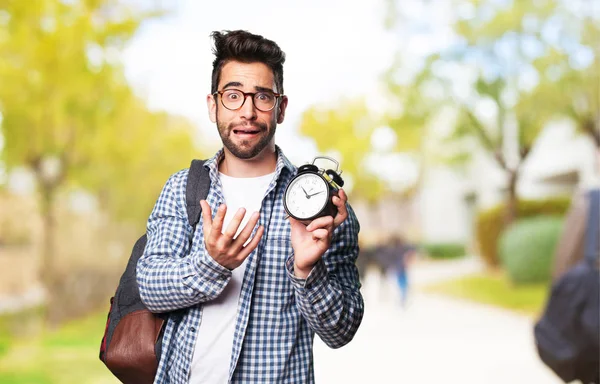 Student Man Holding Alarm Clock — Stock Photo, Image