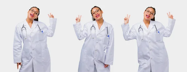 Set Young Black Female Doctor Fun Happy Making Gesture Victory — Stock Photo, Image