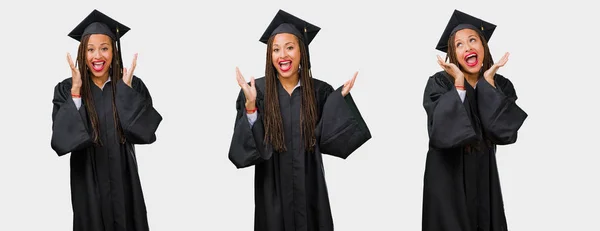 Set Graduated Young Black Woman Surprised Shocked Looking Wide Eyes — Stock Photo, Image