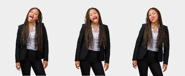 Zestaw Kobieta Młody Biznes Czarny Wyrazem Zaufania Emocji Pokazując Język — Zdjęcie stockowe