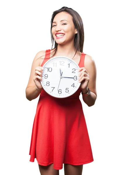 Asian Woman Red Dress Holding Clock — Stock Photo, Image