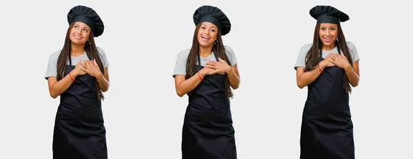 Set Young Black Female Baker Black Uniform Doing Romantic Gesture — Stock Photo, Image