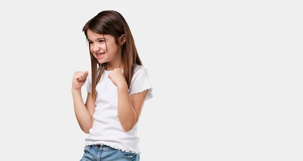 Menina Corpo Inteiro Muito Feliz Animado Levantando Braços Celebrando Uma — Fotografia de Stock