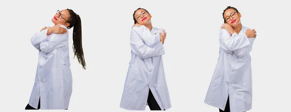 Set Young Black Female Doctor Hugging Herself Gray Background — Stock Photo, Image