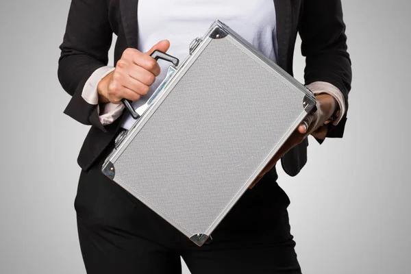 Black Business Woman Holding Briefcase Gray Background — Stock Photo, Image