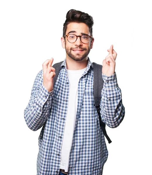 Student Man Crossing His Fingers Isolated White Background — Stock Photo, Image