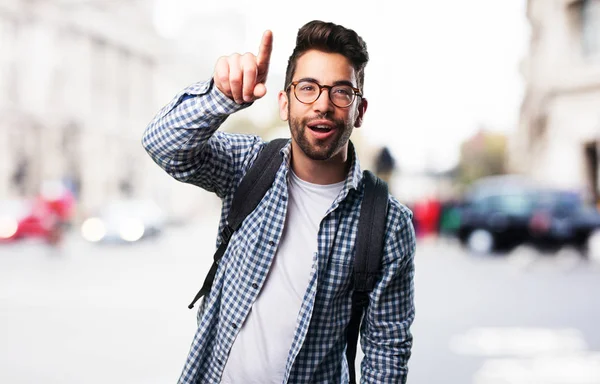 Young Man Touching Screen Blurred Background — Stock Photo, Image