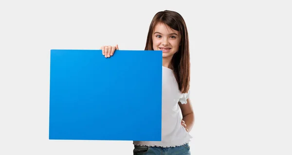 Full Body Little Girl Cheerful Motivated Showing Empty Poster You — Stock Photo, Image