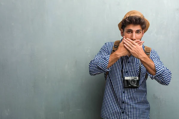 Young Handsome Traveler Man Wearing Straw Hat Backpack Photo Camera — Stock Photo, Image