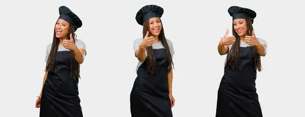Set Young Black Female Baker Black Uniform Raising Thumb Concept — Stock Photo, Image