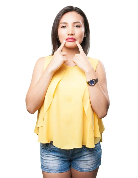 Asian Kobieta Wskazując Jej Usta Białym Tle — Zdjęcie stockowe