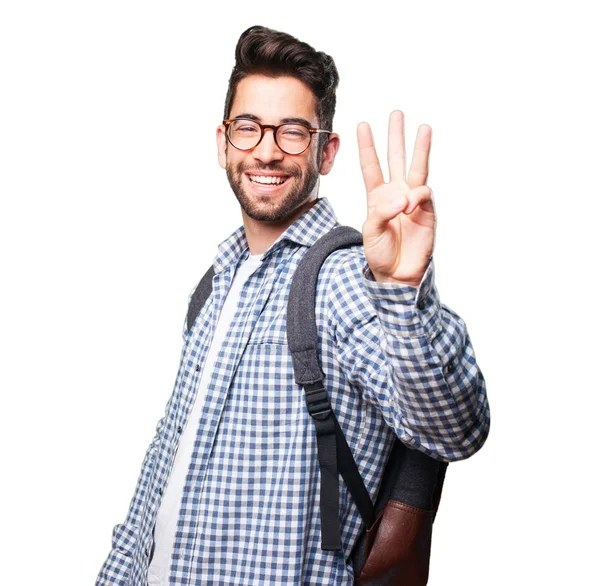 Studente Uomo Facendo Numero Tre Gesto Isolato Sfondo Bianco — Foto Stock