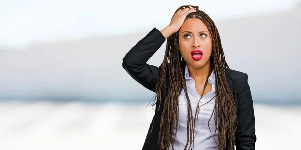 Portrait Young Black Business Woman Worried Overwhelmed Forgetful Realize Something — Stock Photo, Image