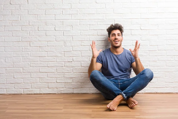 Young Natural Man Sit Wooden Floor Surprised Shocked Looking Wide — Stock Photo, Image