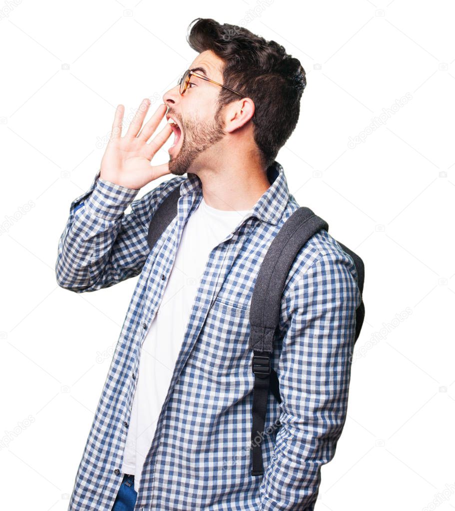 student man shouting isolated on white background