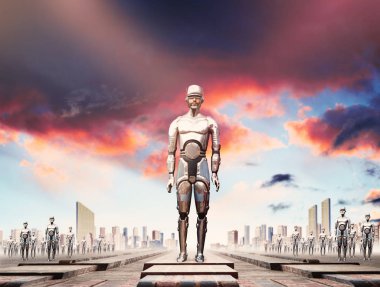 robotlar fütüristik arka plan üzerinde 3D görüntü 