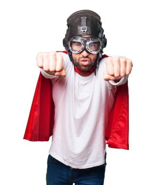 süper kahraman üzerinde izole beyaz arka plan uçan