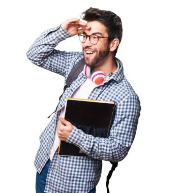 Beyaz arka plan üzerinde izole bir kitap öğrenci adam