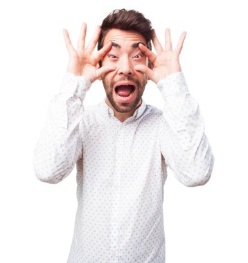 Beyaz arka plan üzerinde izole jest yapma adam şaşırttı