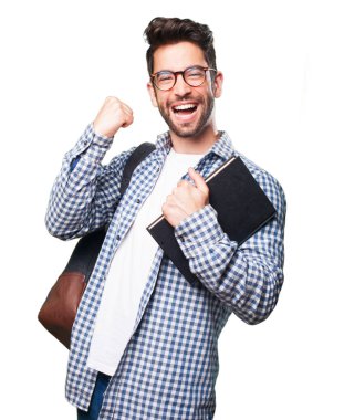 Beyaz arka plan üzerinde izole bir kitap öğrenci adam