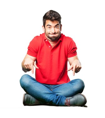 adam oturma aşağı beyaz arka plan üzerinde izole işaret