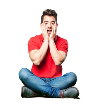 izole üzerinde beyaz arka plan oturan yorgun adam