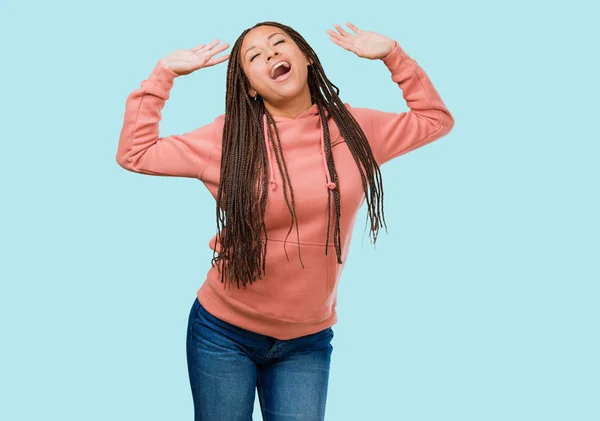 Portrait Young Black Woman Wearing Braids Listening Music Dancing Having — Stock Photo, Image