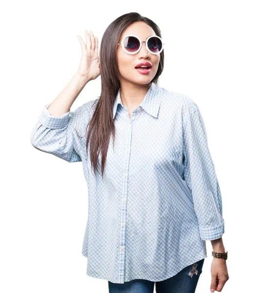 Asian Woman Sunglasses Listening Isolated White Background — Stock Photo, Image
