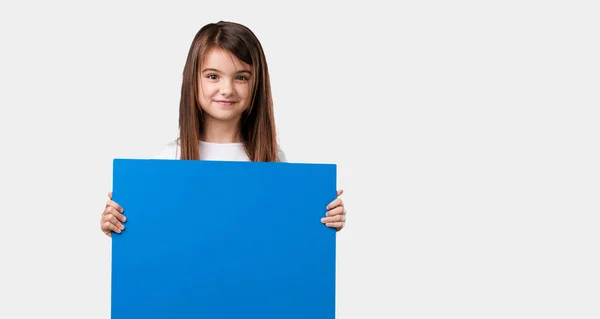 Full Body Little Girl Cheerful Motivated Showing Empty Poster You — Stock Photo, Image