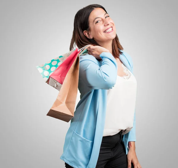 Middle Aged Woman Cheerful Smiling Very Excited Carrying Shopping Bags — Stock Photo, Image