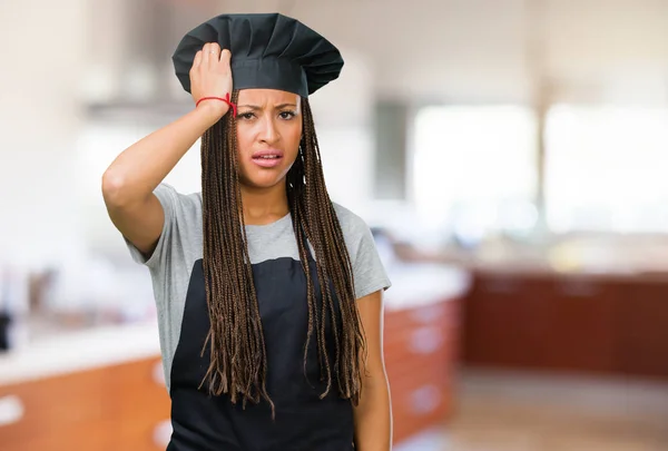 Portrait Young Black Baker Woman Worried Overwhelmed Forgetful Realize Something — Stock Photo, Image