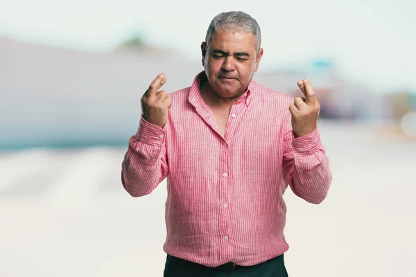 Middle Aged Man Crossing His Fingers Wishes Lucky Future Projects — Stock Photo, Image