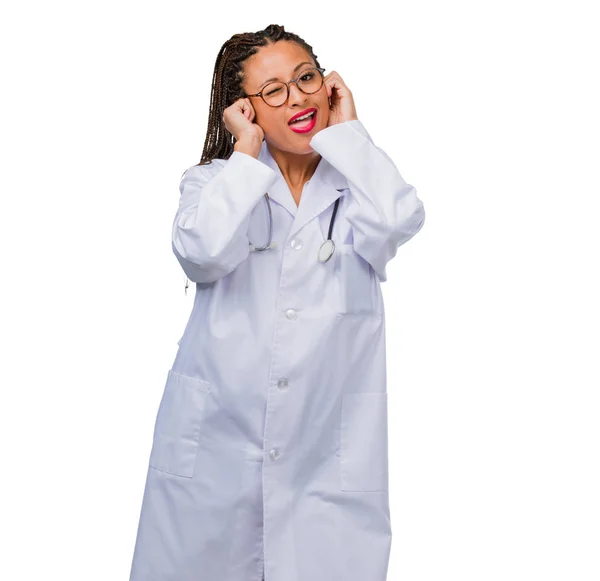 Portrait Young Black Doctor Woman Covering Ears Hands Angry Tired — Stock Photo, Image