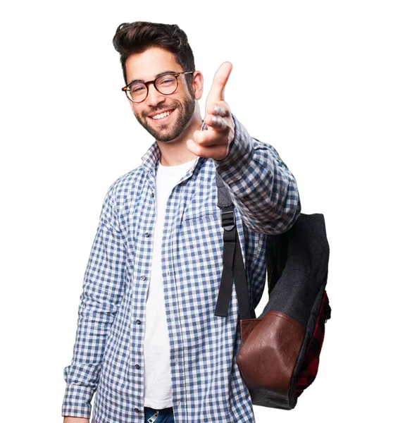 Studente Uomo Facendo Pistola Gesto Isolato Sfondo Bianco — Foto Stock