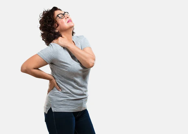 Mujer Mediana Edad Con Dolor Espalda Debido Estrés Laboral Cansada —  Fotos de Stock