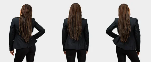 Conjunto Joven Mujer Negocios Negro Mostrando Espalda Posando Esperando Vista — Foto de Stock