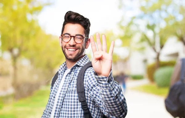 Student Man Doen Nummer Vier Gebaar — Stockfoto