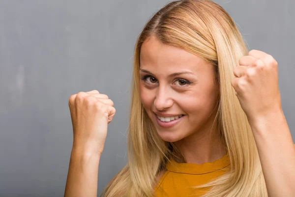 Portrait Natural Young Blonde Woman Happy Excited — Stock Photo, Image